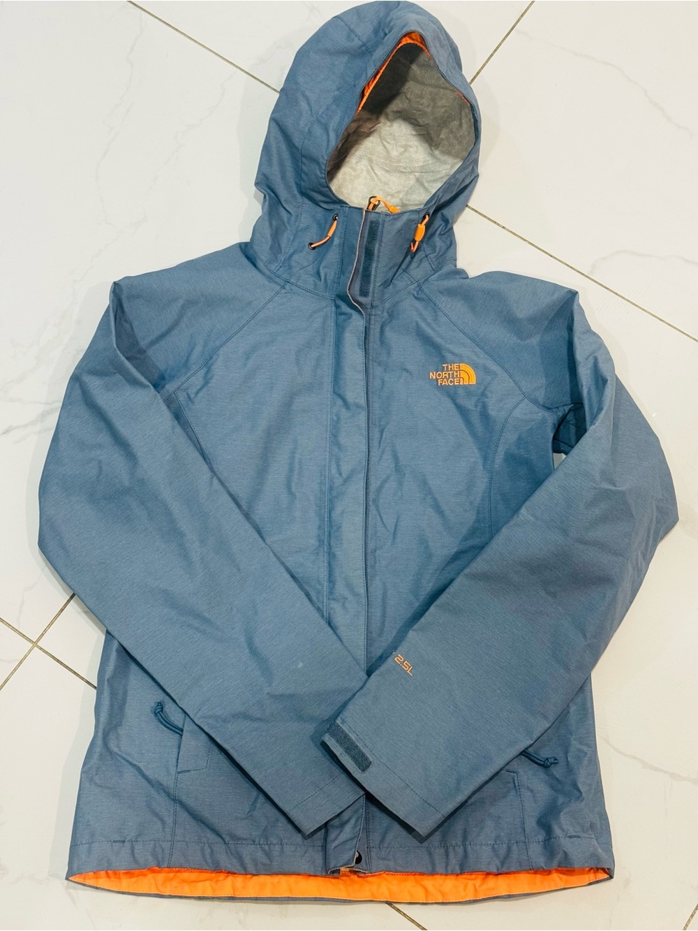 The North Face Men's Slate Blue Hooded Rain Jacket with Orange Accents